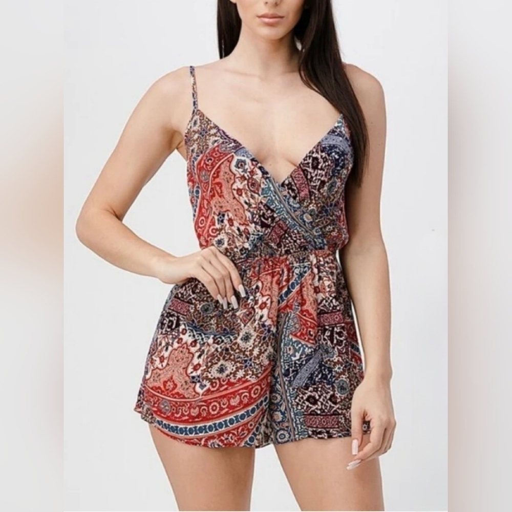 Bear Dance Red & Blue Print Romper Medium - New With Tags